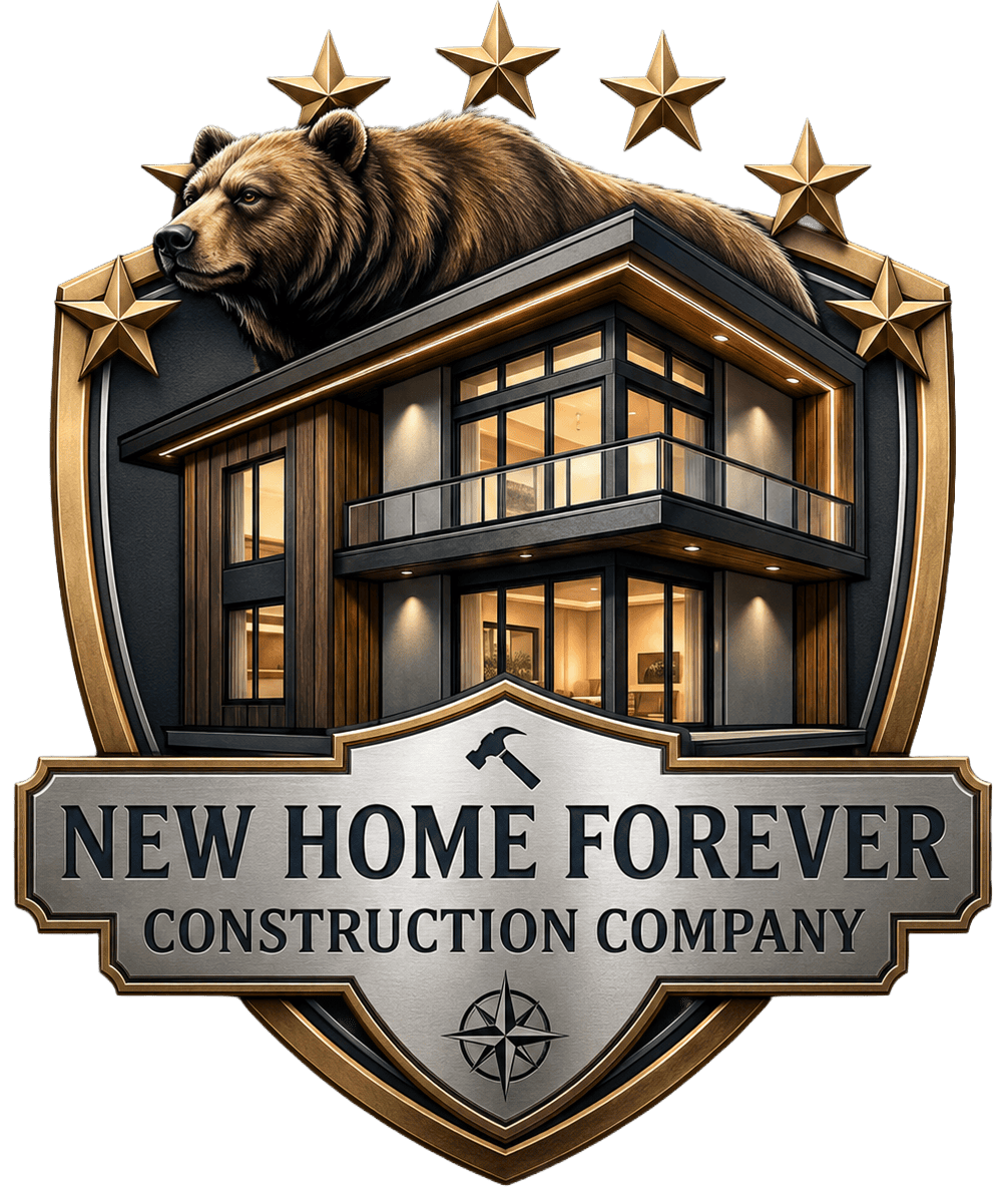 Construction company logo with modern house and lion emblem.