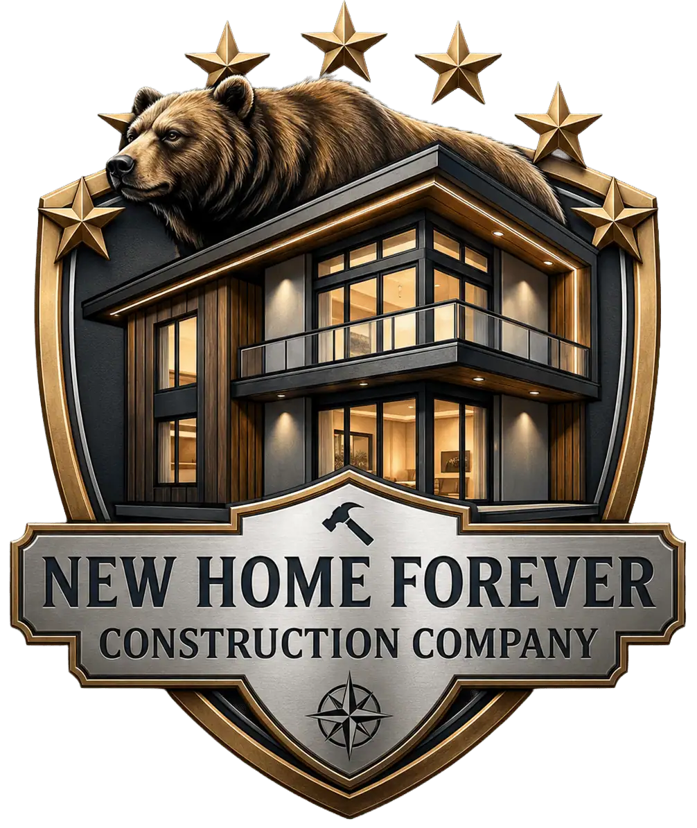 Construction company logo with modern house and lion emblem.